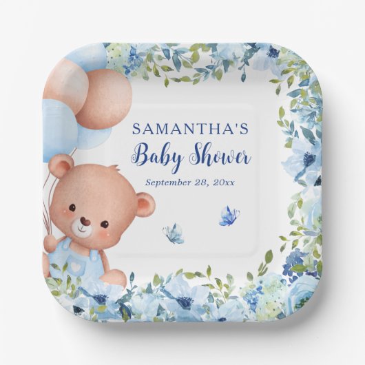 Teddybeer Blauwe Ballonnen Barly Wachten Baby show Papieren Bordje (Voorkant)