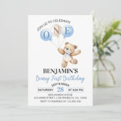 Teddybeer blauwe ballonnen Beary eerste verjaardag Kaart (Staand voorkant)