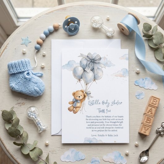 Teddybeer Blauwe Ballonnen buigen Baby Jongen Bedankkaart