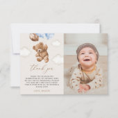 Teddybeer, blauwe ballonnen, eerste verjaardag bedankkaart (Voorkant)