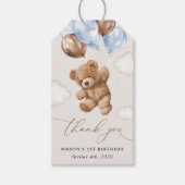 Teddybeer, blauwe ballonnen, eerste verjaardag cadeaulabel (Voorkant)