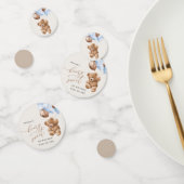 Teddybeer, blauwe ballonnen, eerste verjaardag confetti (Groep)