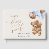 Teddybeer, blauwe ballonnen, eerste verjaardag gastenboek (Voorkant)