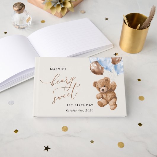 Teddybeer, blauwe ballonnen, eerste verjaardag gastenboek (Voorkant open)