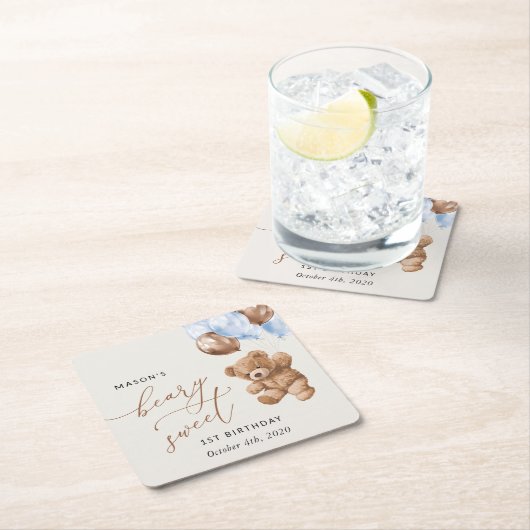 Teddybeer, blauwe ballonnen, eerste verjaardag kartonnen onderzetters (Insitu)