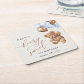 Teddybeer, blauwe ballonnen, eerste verjaardag kartonnen onderzetters (Schuin)