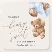 Teddybeer, blauwe ballonnen, eerste verjaardag kartonnen onderzetters (Voorkant)