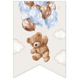 Teddybeer, blauwe ballonnen, eerste verjaardag vlaggetjes