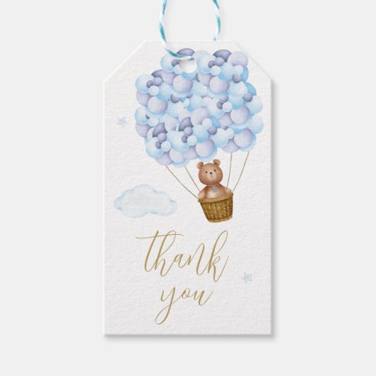 Teddybeer Blauwe Ballonnen Gouden Script Bedankt Cadeaulabel (Voorkant)