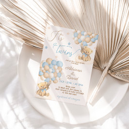 Teddybeer Blauwe Ballonnen Twin Boys Baby shower Kaart