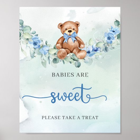 Teddybeer blauwe bloemensalie groene baby's zijn z poster (Voorkant)