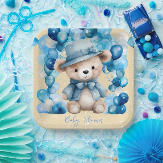 Teddybeer Blauwe Boog Ballonnen Jongen Baby shower Papieren Bordje (Feest)