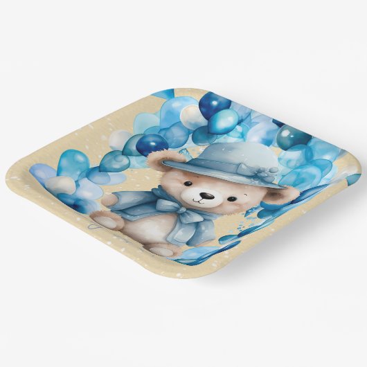 Teddybeer Blauwe Boog Ballonnen Jongen Baby shower Papieren Bordje (Gebogen)