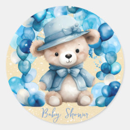 Teddybeer Blauwe Boog Ballonnen Jongen Baby shower Ronde Sticker