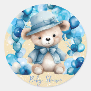 Teddybeer Blauwe Boog Ballonnen Jongen Baby shower Ronde Sticker