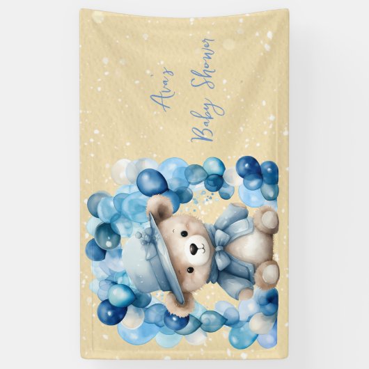Teddybeer Blauwe Boog Ballonnen Jongen Baby shower Spandoek (Verticaal)