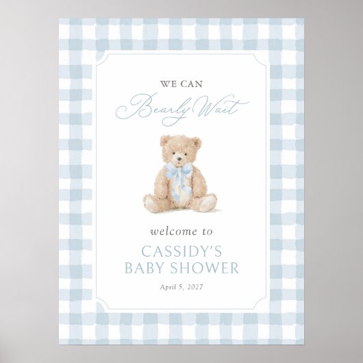 Teddybeer Blauwe Gingham Baby Shower Welkomstbord Poster (Voorkant)