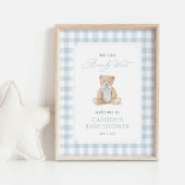 Teddybeer Blauwe Gingham Baby Shower Welkomstbord Poster