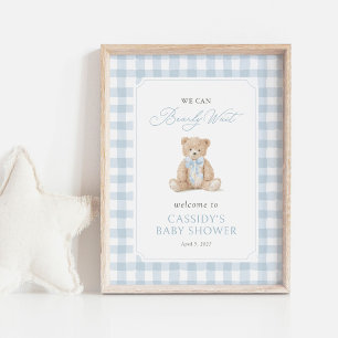 Teddybeer Blauwe Gingham Baby Shower Welkomstbord Poster