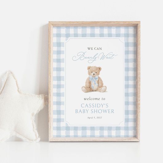 Teddybeer Blauwe Gingham Baby Shower Welkomstbord Poster