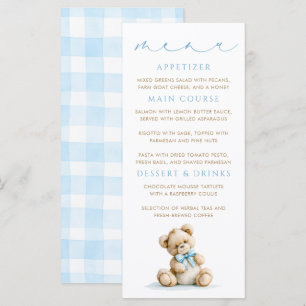 Teddybeer Blauwe Gingham Patroon Menukaarten Menu