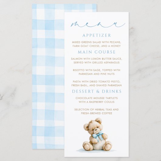 Teddybeer Blauwe Gingham Patroon Menukaarten Menu (Voorkant / Achterkant)