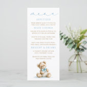 Teddybeer Blauwe Gingham Patroon Menukaarten Menu (Staand voorkant)