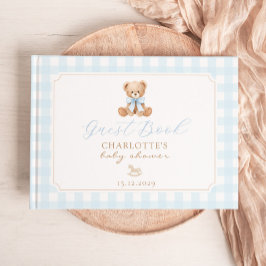 Teddybeer Blauwe Ginghma Baby Shower Gastenboek