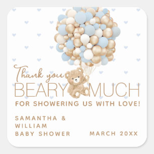 Teddybeer Blauwe Hart & Ballon Baby Jongens Shower Vierkante Sticker