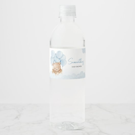 Teddybeer Blauwe Hete Luchtballon Waterfles Etiket (Voorkant)