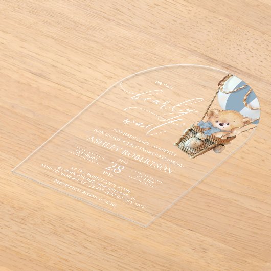 Teddybeer, blauwe heteluchtballon, Baby shower Acryl Uitnodigingen (Laagn)