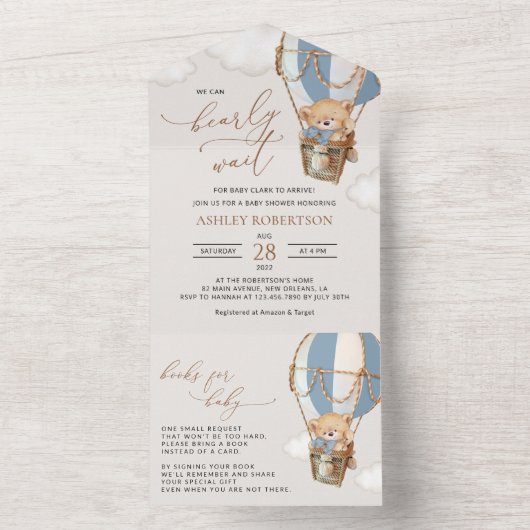 Teddybeer, blauwe heteluchtballon, Baby shower All In One Uitnodiging (Binnen)