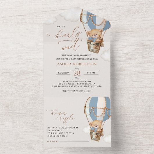 Teddybeer, blauwe heteluchtballon, Baby shower All In One Uitnodiging (Binnen)