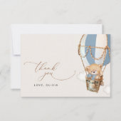 Teddybeer, blauwe heteluchtballon, Baby shower Bedankkaart (Voorkant)