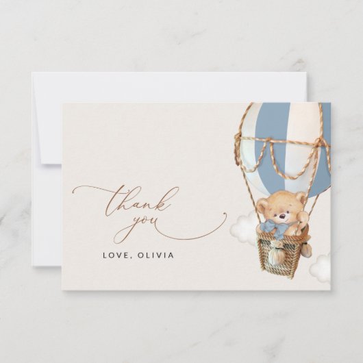Teddybeer, blauwe heteluchtballon, Baby shower Bedankkaart (Voorkant)