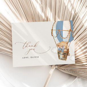 Teddybeer, blauwe heteluchtballon, Baby shower Bedankkaart