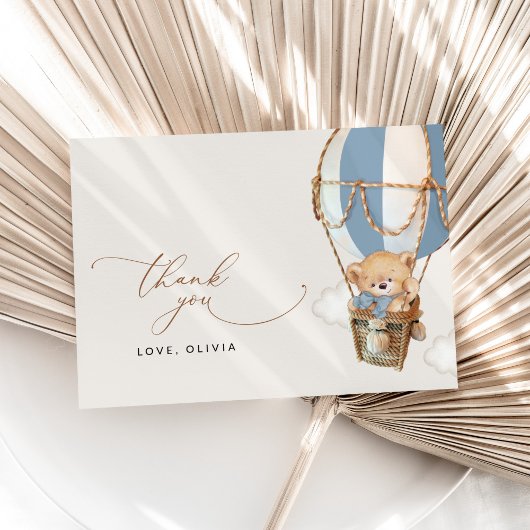 Teddybeer, blauwe heteluchtballon, Baby shower Bedankkaart