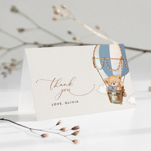 Teddybeer, blauwe heteluchtballon, Baby shower Bedankkaart