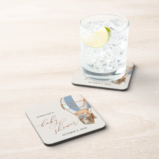 Teddybeer, blauwe heteluchtballon, Baby shower Bier Onderzetter (Rechterzijde)