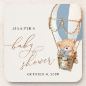 Teddybeer, blauwe heteluchtballon, Baby shower Bier Onderzetter (Voorkant)