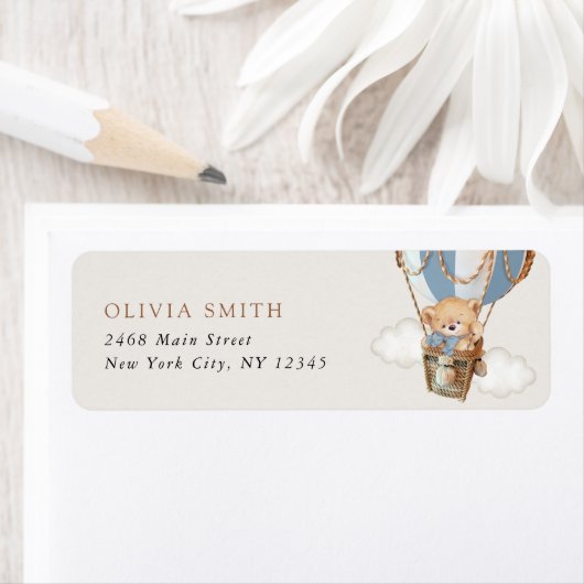 Teddybeer, blauwe heteluchtballon, Baby shower Etiket (Insitu)