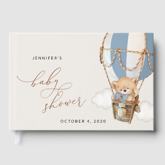 Teddybeer, blauwe heteluchtballon, Baby shower Gastenboek (Voorkant)