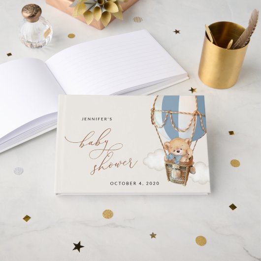 Teddybeer, blauwe heteluchtballon, Baby shower Gastenboek (Voorkant open)
