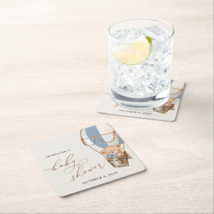 Teddybeer, blauwe heteluchtballon, Baby shower Kartonnen Onderzetters