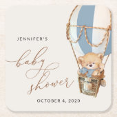 Teddybeer, blauwe heteluchtballon, Baby shower Kartonnen Onderzetters (Voorkant)