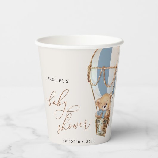 Teddybeer, blauwe heteluchtballon, Baby shower Papieren Bekers (Achterkant)