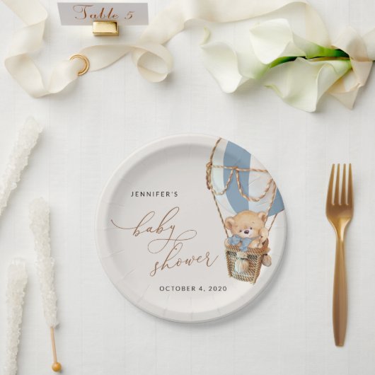 Teddybeer, blauwe heteluchtballon, Baby shower Papieren Bordje (Huwelijk)