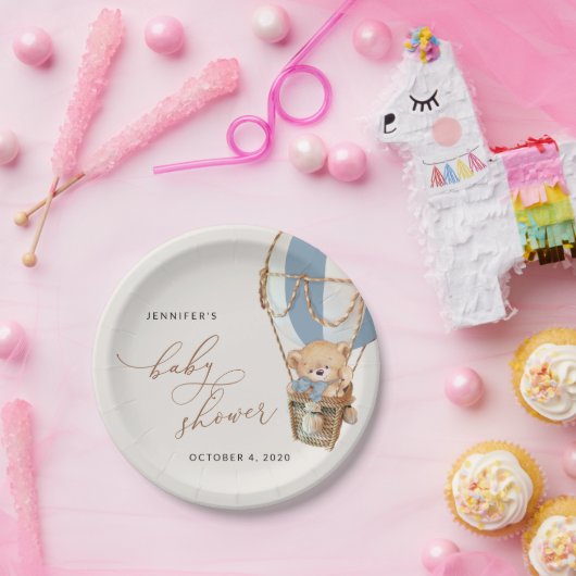 Teddybeer, blauwe heteluchtballon, Baby shower Papieren Bordje (Feest)