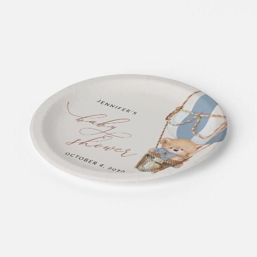 Teddybeer, blauwe heteluchtballon, Baby shower Papieren Bordje (Gekanteld)