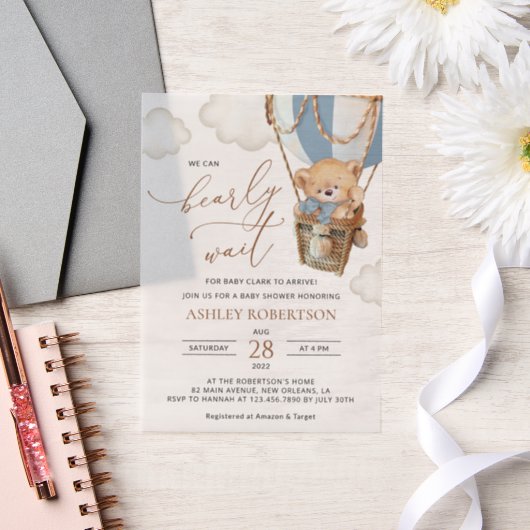 Teddybeer, blauwe heteluchtballon, Baby shower Vellum Uitnodigingen (Huwelijk)